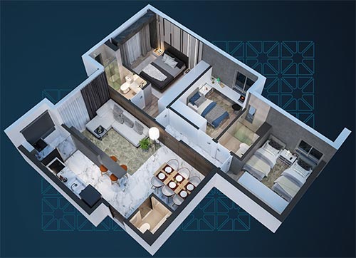 apartamento na planta de tres quartos