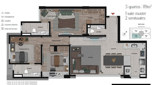 apartamento 3 quartos na planta