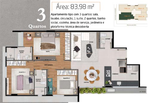 apartamento na planta com 3 quartos