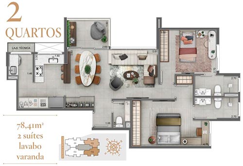 apartamento na planta de 2 quartos