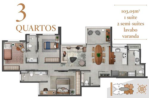 apartamento na planta de 3 quartos