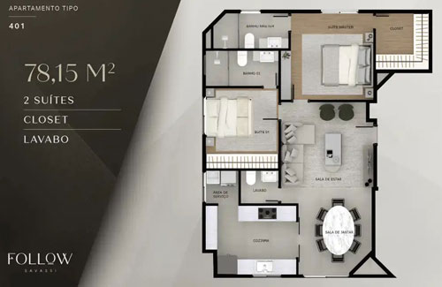 apartamento na planta 2 quartos