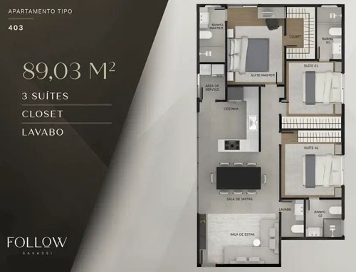 apartamento na planta 3 quartos