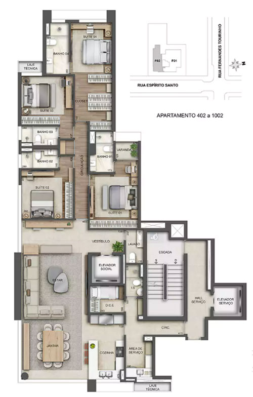apartamento na planta 4 quartos