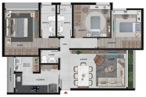 apartamento na planta de 3 quartos