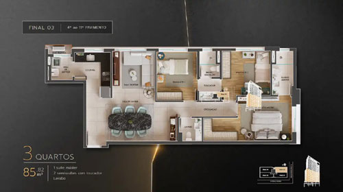 apartamento na planta 3 quartos