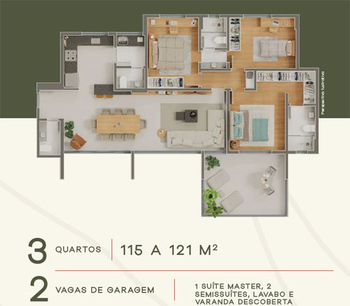 apartamento na planta 3 quartos