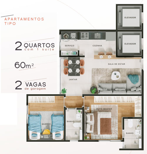 apartamento na planta com 2 quartos