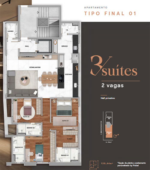apartamento na planta 3 quartos