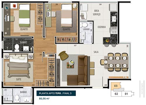 apartamento tres quartos na planta