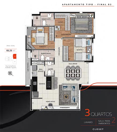 apartamento de 3 quartos na planta